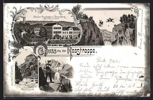 Lithographie Thale, Hotel zur Rosstrappe mit Winzenburg, Teufelsbrücke