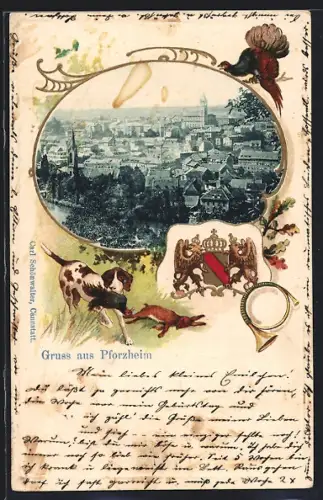Passepartout-Lithographie Pforzheim, Blick über die Stadt, Auerhahn, Wappen, Jagdhorn, Jagdhund mit Fasan um 1900