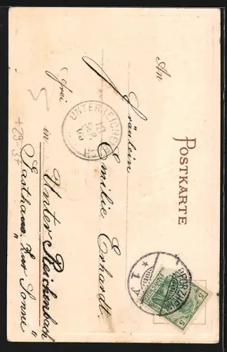 Passepartout-Lithographie Pforzheim, Blick über die Stadt, Auerhahn, Wappen, Jagdhorn, Jagdhund mit Fasan um 1900