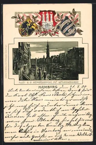 Passepartout-Lithographie Hamburg, Fleet bei der Reimersbrücke mit Katharinenkirche, Wappen
