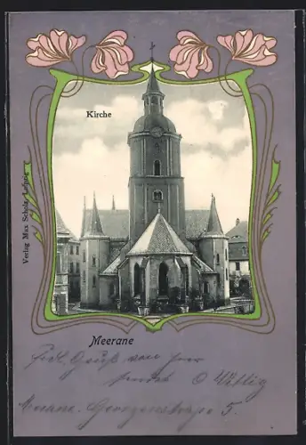 AK Meerane, Blick auf die Kirche, Jugendstil-Passepartout