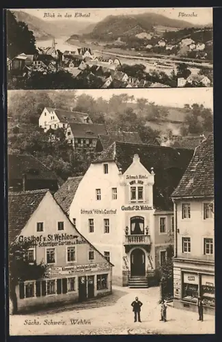 AK Wehlen / Sächs. Schweiz, Schmuck`s Hotel & Gasthof, Gasthof z. St. Wehlen, Blick in das Elbetal, Pötzscha