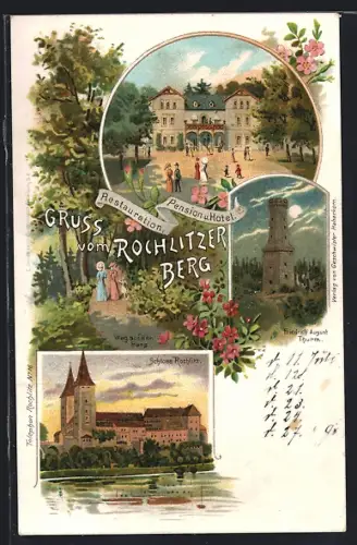 Lithographie Rochlitz, Weg auf den Berg, Restauration, Pension u. Hotel, Friedrich August Turm