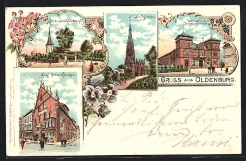 Lithographie Oldenburg / Gr., Graf Anton Günther-Haus, Kath. Kirche, Turnhalle des Turnerbundes