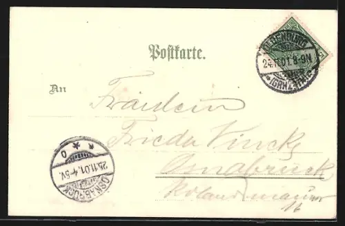 Lithographie Oldenburg / Gr., Graf Anton Günther-Haus, Kath. Kirche, Turnhalle des Turnerbundes