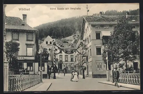 AK Bad Wildbad, Hotel Russie mit Bergbahn