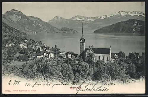 AK Weggis, Ortsansicht mit Kirche und Blick zum See