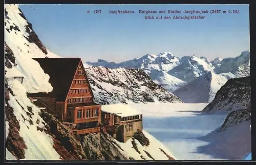 AK Jungfraubahn, Berghaus u. Station Jungfraujoch, Blick auf den Aletschgletscher