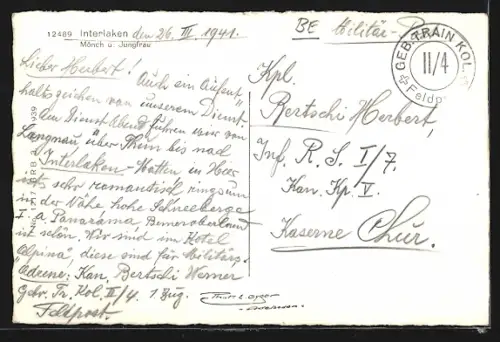 AK Interlaken, Ortsansicht mit Mönch und Jungfrau