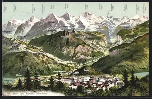 AK Interlaken, Gesamtansicht mit Berner Oberland und Bergpanorama