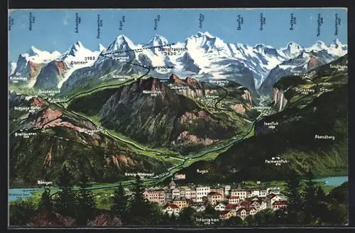 AK Interlaken, Ortsansicht mit Eiger, Mönch und Jungfrau, Gipfelpanorama
