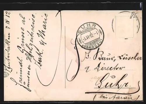 AK Interlaken, Gesamtansicht mit Blick auf Eiger, Mönch und Jungfrau, Gipfelpanorama und Kühe auf der Weide