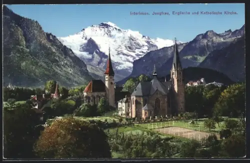 AK Interlaken, Englische und Katholische Kirche mit Jungfrau