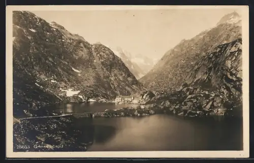 AK Grimsel, Blick zum Grimselhospiz, Seepartie aus der Vogelschau