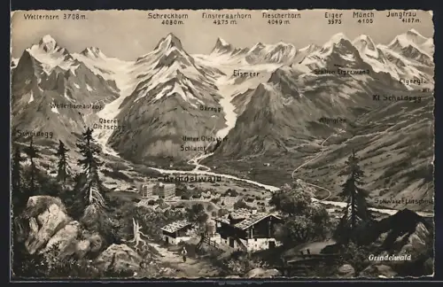 AK Grindelwald, Gesamtansicht mit Gipfelpanorama, Blick auf Wetterhorn, Schreckhorn, Finsteraarhorn und Eiger