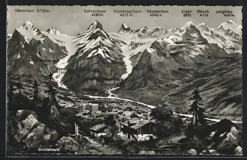 AK Grindelwald, Totalansicht, Blick auf Schreckhorn, Finsteraarhorn, Eiger, Mönch und Jungfrau