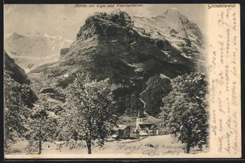AK Grindelwald, Kirche mit Eiger und Viescherhörner