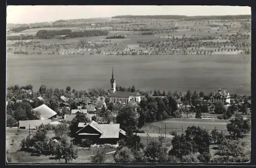 AK Nottwil, Ortsansicht mit Kirche und Seepartie