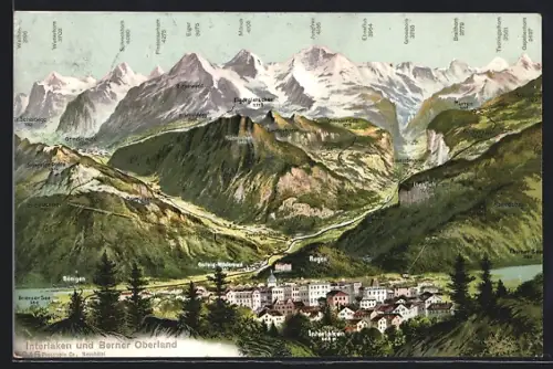 AK Interlaken, Gesamtansicht mit Berner Oberland und Bergpanorama
