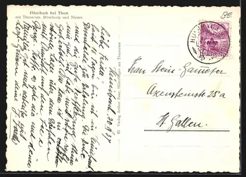 AK Hünibach bei Thun, Teilansicht mit Thunersee, Blümlisalp und Niesen