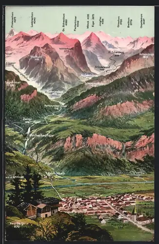 Künstler-AK Grosse Scheidegg, Panorama mit Meiringen, Zwirgi und Wetterhorn