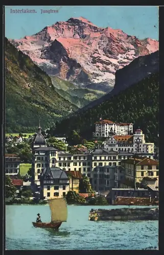 AK Interlaken, Segelboot, Blick zur Stadt