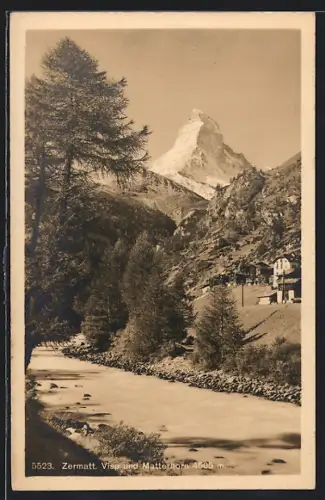 AK Zermatt, Strassenpartie mit Visp und Matterhorn