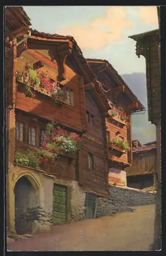 Künstler-AK Stalden /VS, Strassenpartie