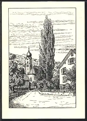 Künstler-AK Buchs /SG, Evangelische Kirche und Pfarrhaus