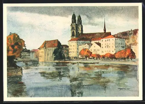 Künstler-AK Zürich, Grossmünster mit Wasserkirche
