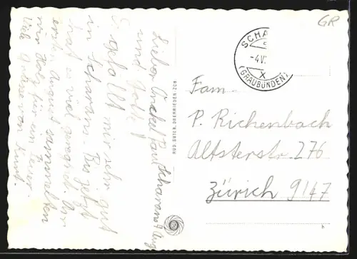 AK Scharans im Domleschg, Ortsansicht mit Thusis und Piz Beverin