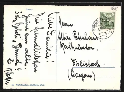 AK Davos, Ortsansicht mit Talblick