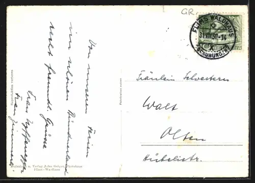 AK Flims, Durchblick aufs Dorf mit Flimserstein