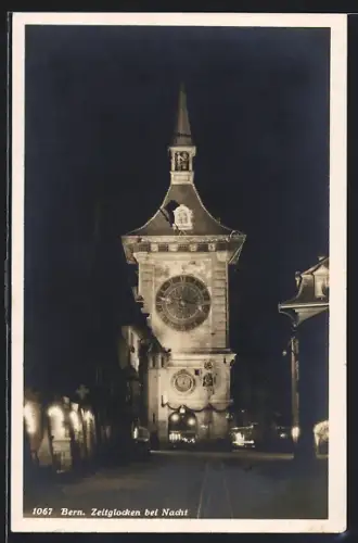 AK Bern, Blick zum Zeitglockenturm bei Nacht