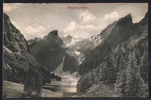 AK Seealpsee, Blick auf den See mit Gebirgspanorama