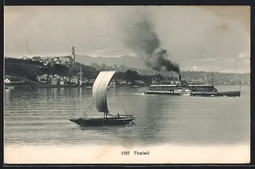 AK Thalwil, Dampfer auf Rundfahrt, Blick auf den Ort