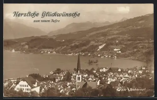 AK Richterswil, Ortsansicht mit See und Berghintergrund