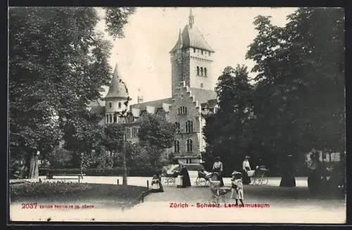 AK Zürich, Schweizerisches Landesmuseum, Frauen mit Kinderwagen, Mädchen mit Puppenwagen