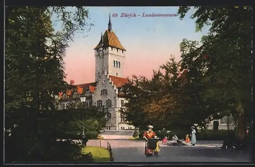 AK Zürich, Schweizerisches Landesmuseum vom Park mit Passantinnen