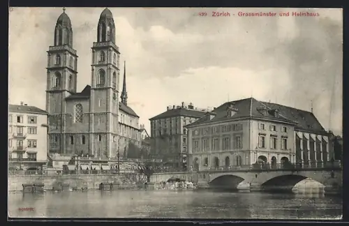 AK Zürich, Grossmünster und Heimhaus vom Wasser aus