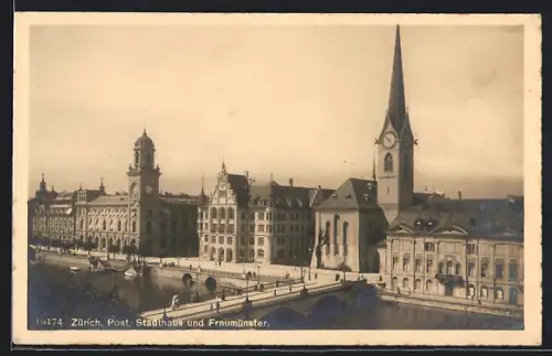 AK Zürich, Post, Stadthaus und Fraumünster