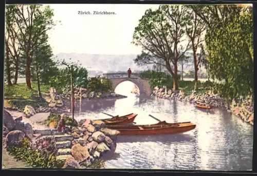 AK Zürich, Zürichhorn, Partei am Wasser mit Ruderbooten