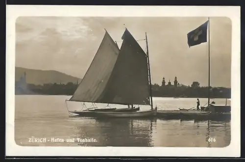 AK Zürich, Hafen mit Segelschiffen und Tonhalle