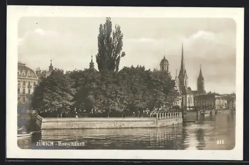 AK Zürich, Bauschänzli vom Wasser mit Kirchen