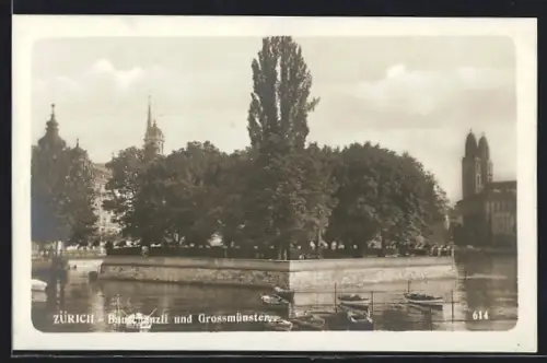 AK Zürich, Bauschänzli vom Wasser mit Grossmünster