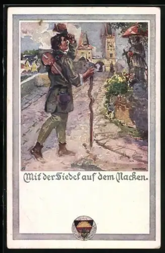 AK Deutscher Schulverein NR 444: Mit der Fiedel auf dem Nacken, Wandermusiker zieht in eine Stadt ein