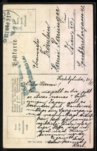 AK Deutscher Schulverein NR 444: Mit der Fiedel auf dem Nacken, Wandermusiker zieht in eine Stadt ein