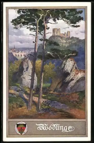 Künstler-AK Mödling, Burgruine auf dem Berg, Deutscher Schulverein