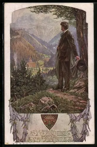 AK Deutscher Schulverein Nr. 1044: Mann im Anzug mit Wanderstock blickt in das Tal