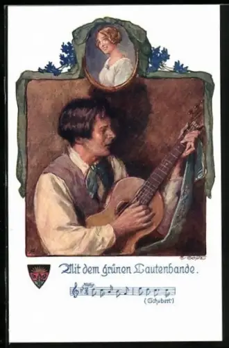 AK Deutscher Schulverein NR 696: Junger Mann mit Gitarre, Bild seiner Liebsten, Liedzeile Schuberts